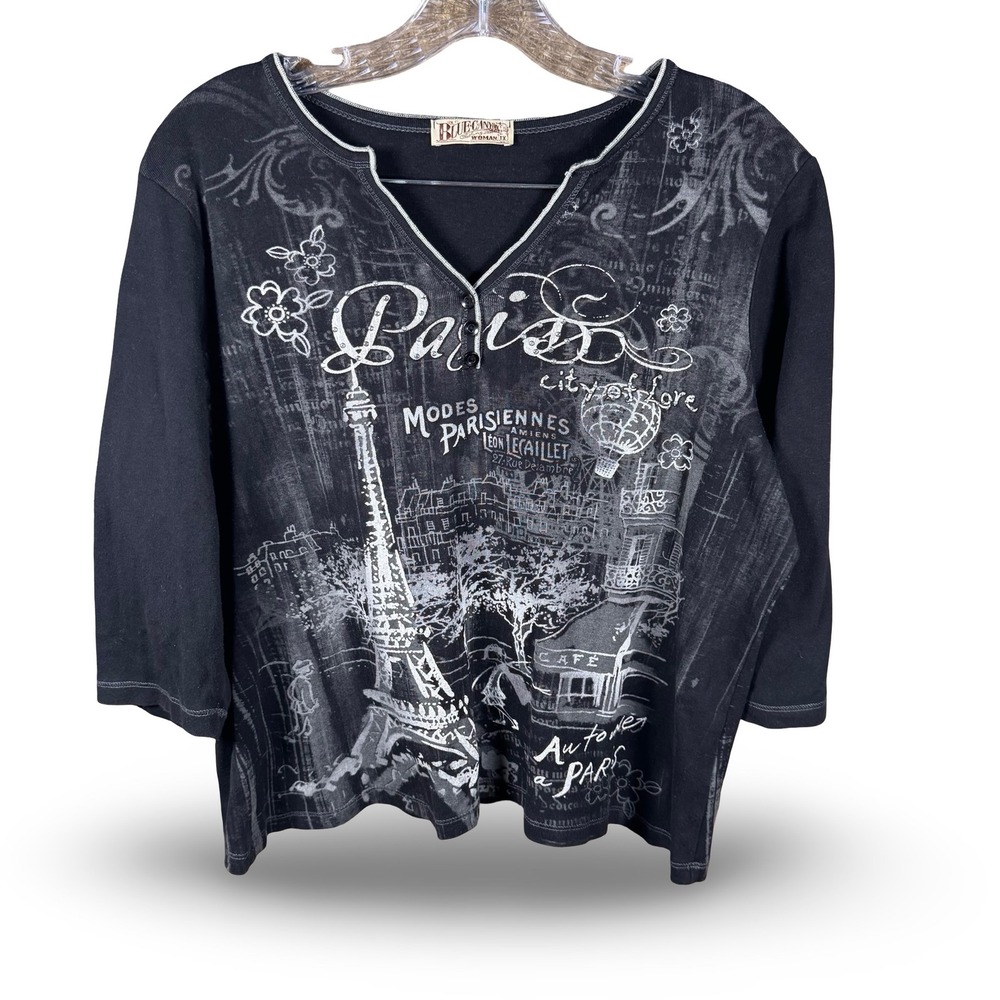 VTG Y2K Blue Canyon Paris Henley Shirt 1X Black Graphic Rhinestone Whimsigoth US